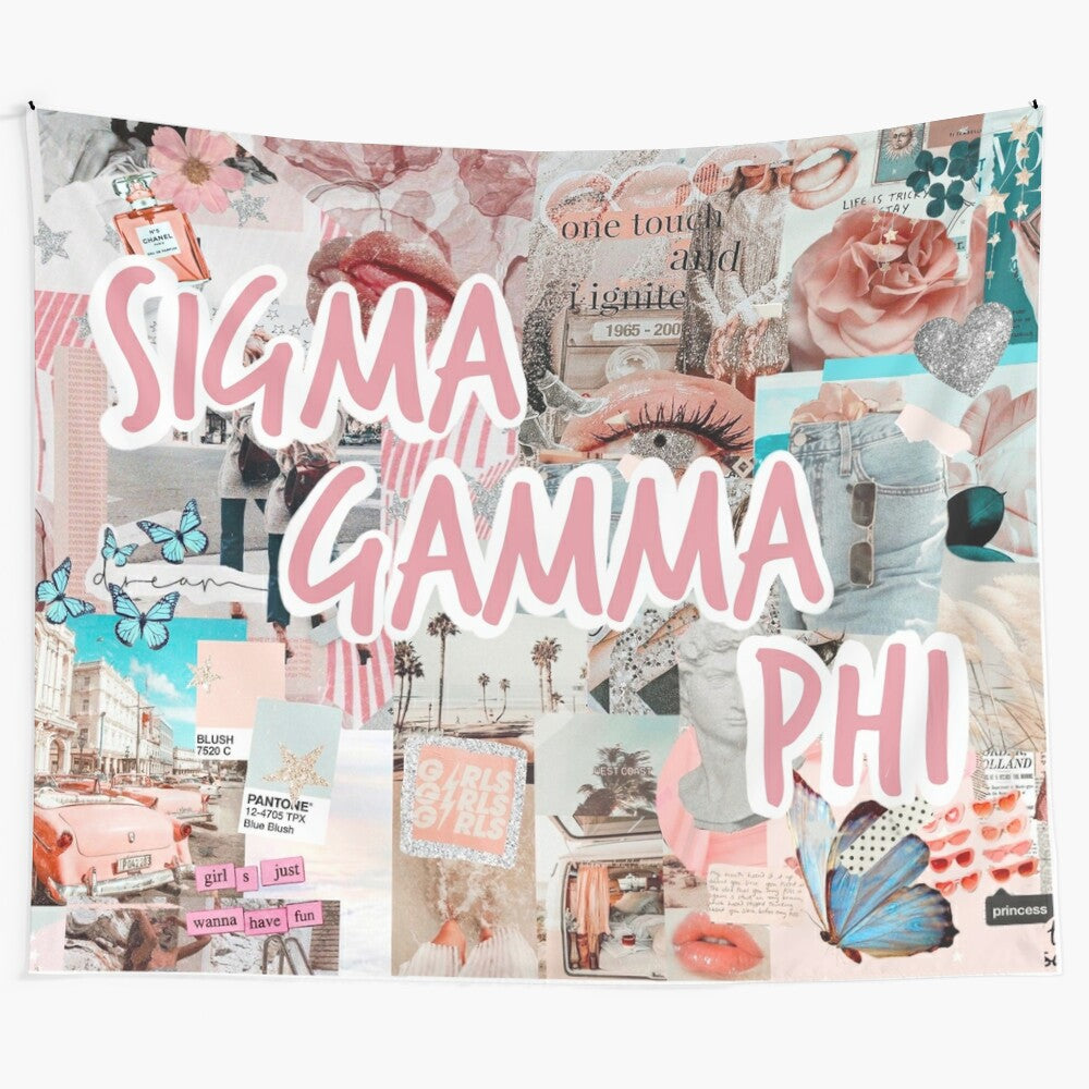 Sigma Gamma Phi sorority tapestry with pink and teal design