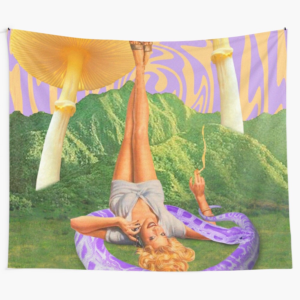 Whimsical girls tapestry featuring a surreal, fantasy-inspired collage design