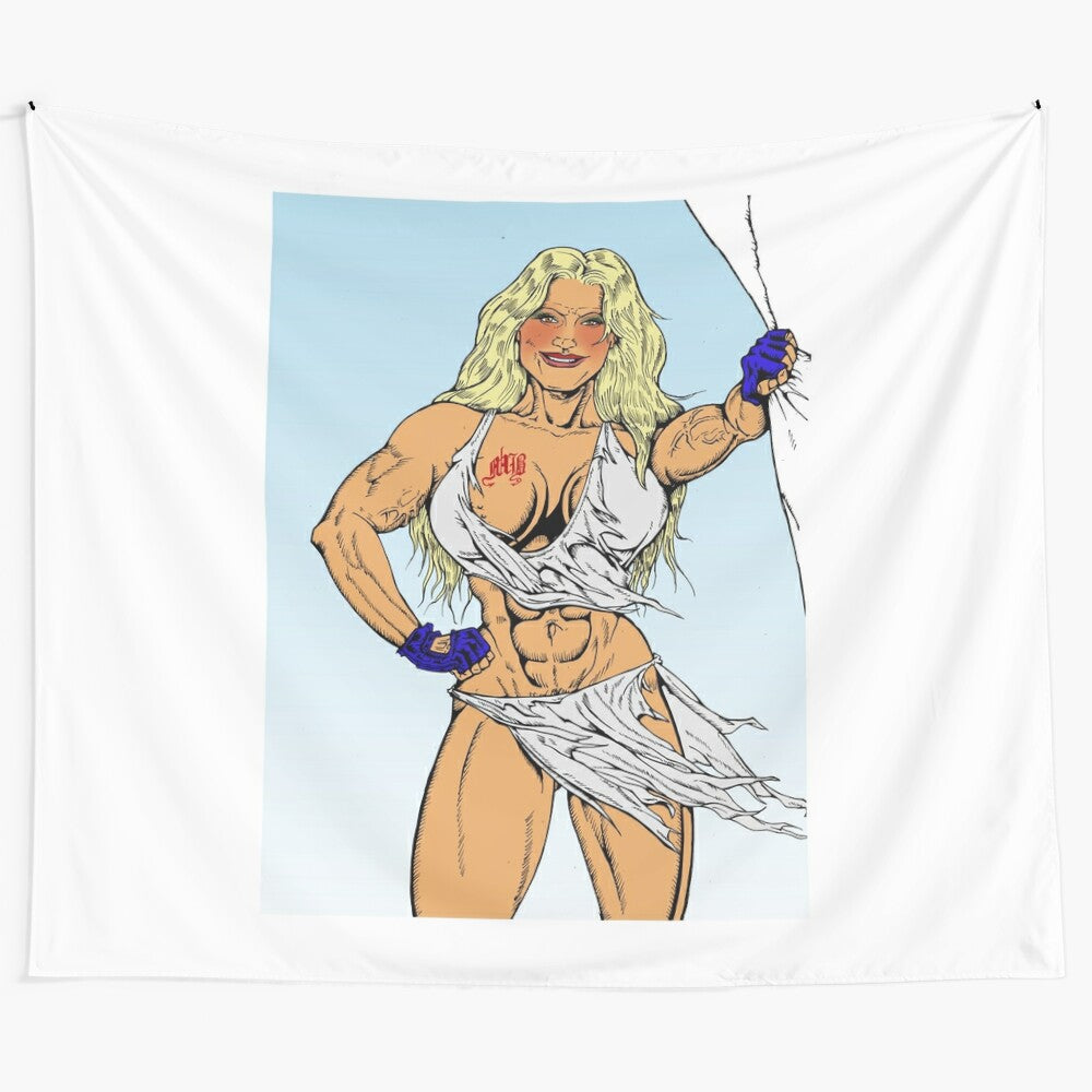 Muscular, blonde female superhero in a ripped tapestry design