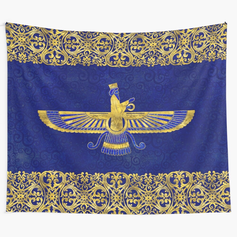 Zoroastrian Faravahar tapestry featuring the ancient Iranian symbol