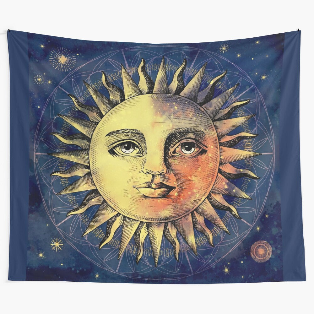 Celestial antique watercolor batik tapestry with mystical and fortune telling elements