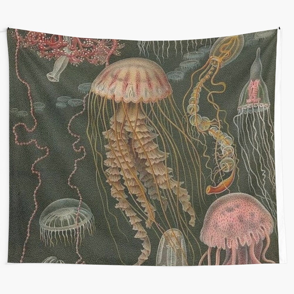 Dark jellyfish poster tapestry featuring a mysterious cephalopod in an underwater scene