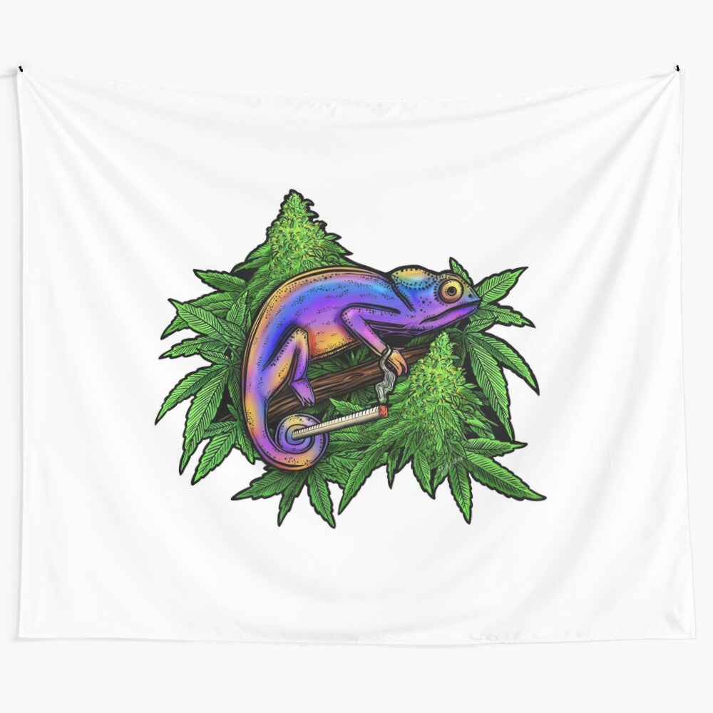 Colorful chameleon tapestry with a psychedelic, trippy design