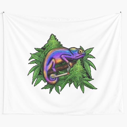 Colorful chameleon tapestry with a psychedelic, trippy design