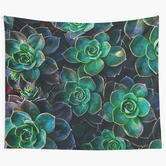 Vibrant watercolor tapestry featuring a botanical succulent and tropical plant design