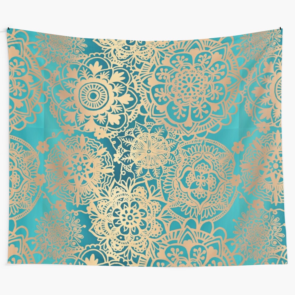 Teal green and gold mandala pattern tapestry wall hanging