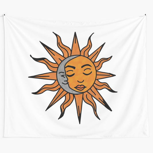 Celestial sun and moon tapestry with stars and galaxy design