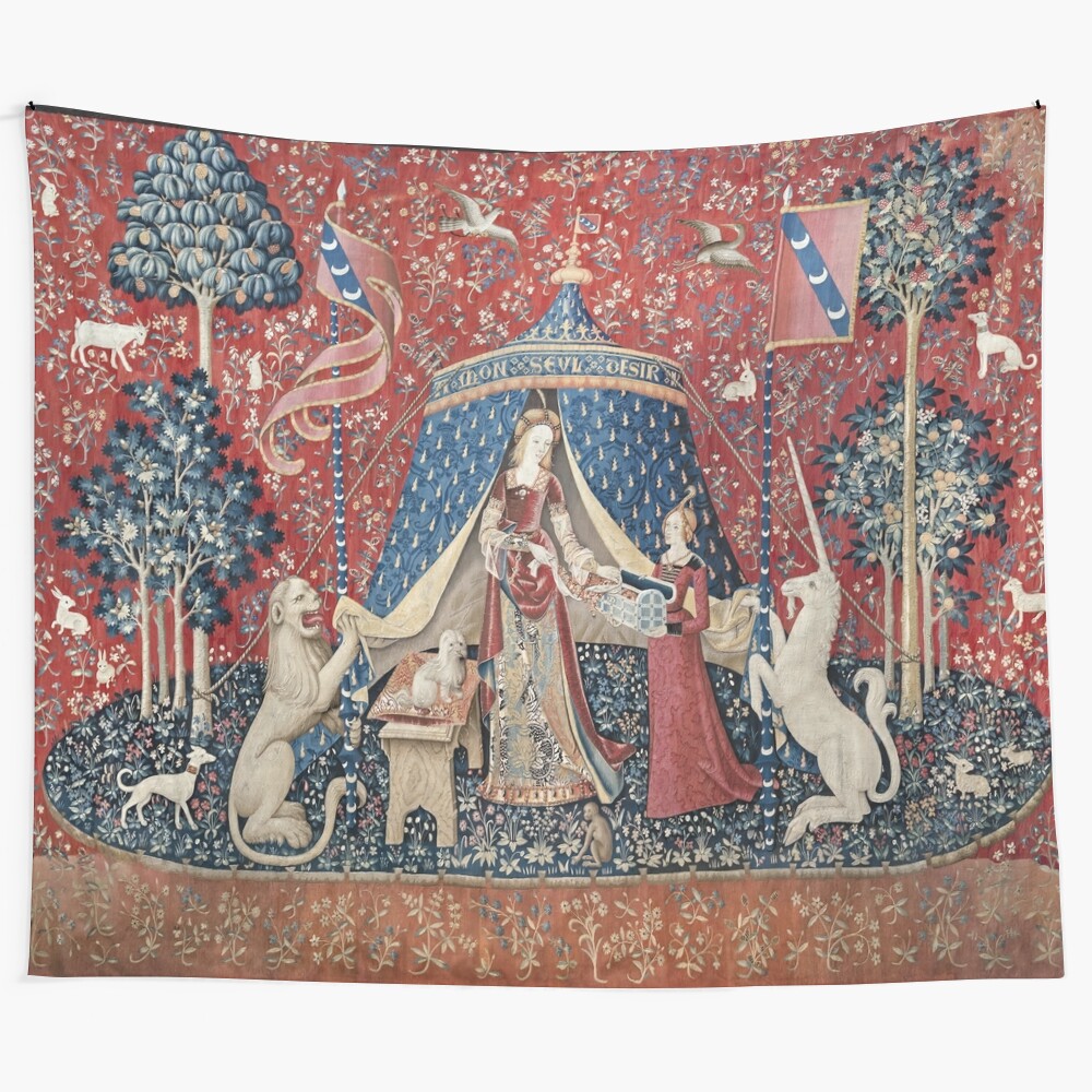 Elegant La Dame à la Licorne tapestry featuring a unicorn in a lush, floral garden