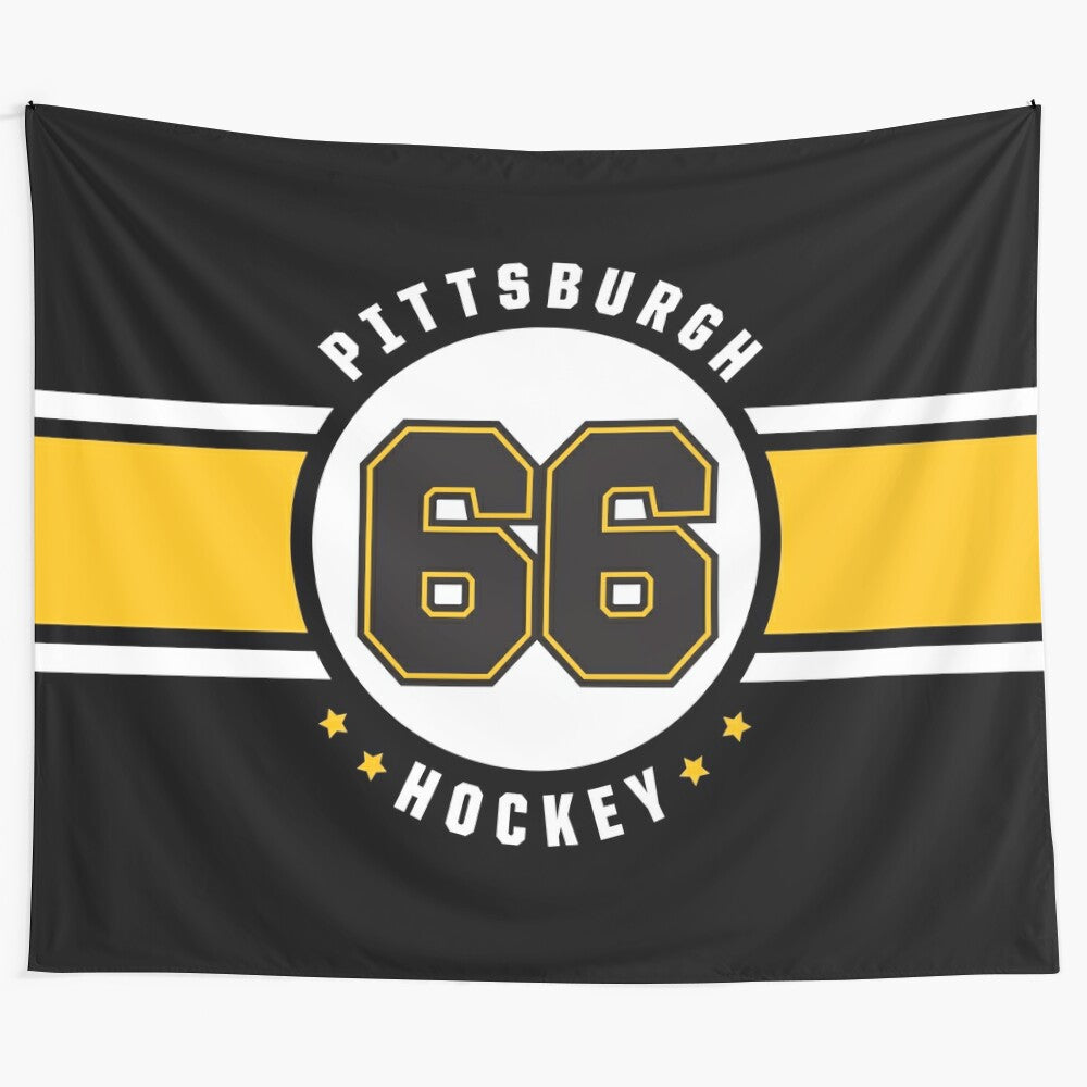 Pittsburgh Penguins inspired tapestry featuring iconic hockey elements