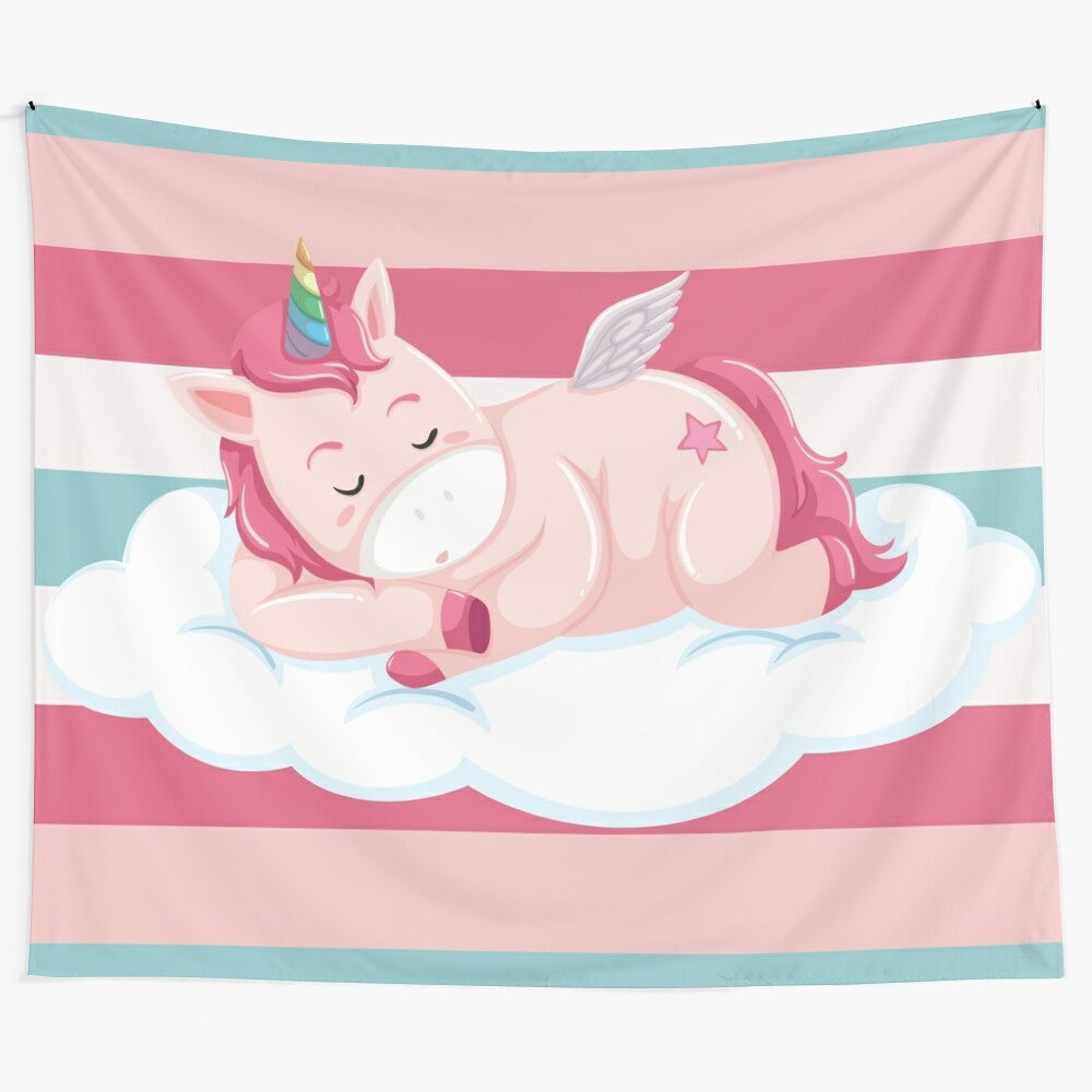 Colorful unicorn tapestry wall hanging with rainbow, clouds, and sparkles