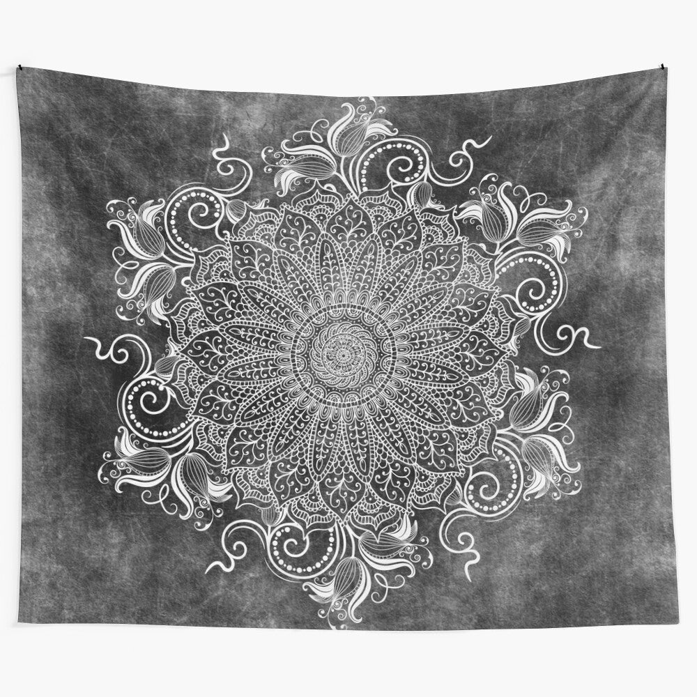 Monochrome mandala tapestry with intricate pattern