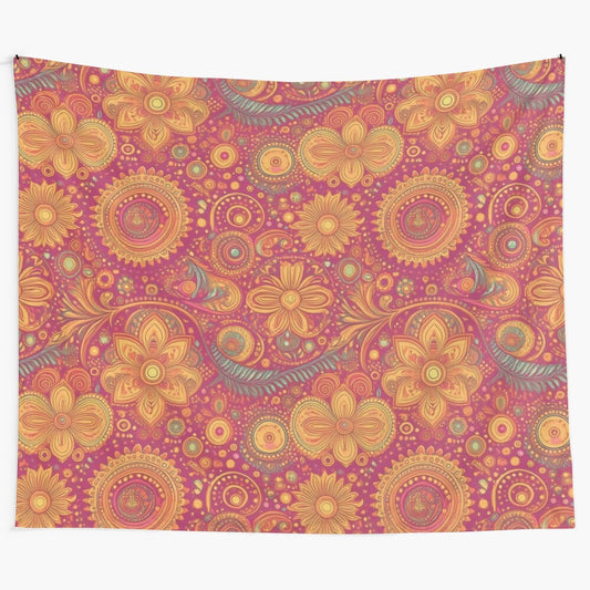 Intricate orange boho tapestry with retro flower pattern