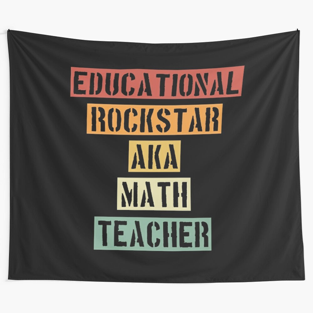 Retro-inspired tapestry design featuring an "Educational Rockstar" teacher