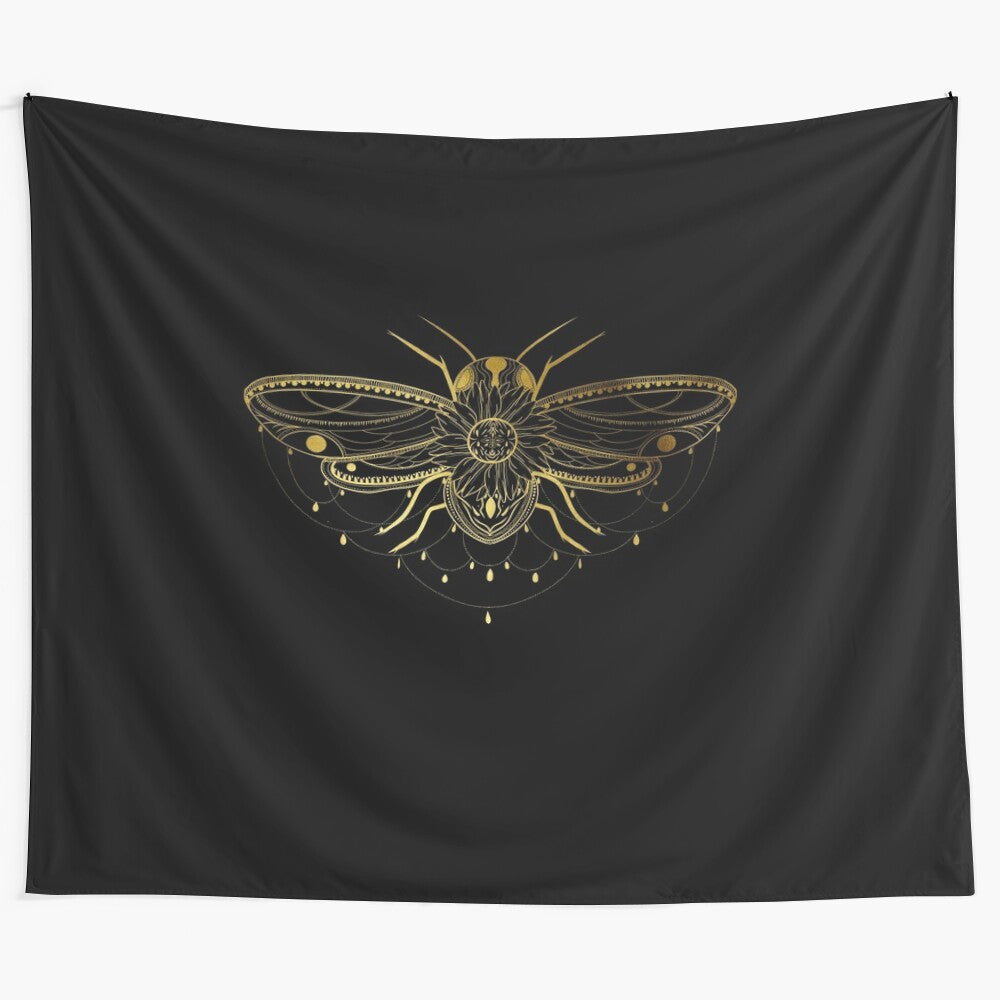 Sunflower tribal boho tapestry with gold and black design