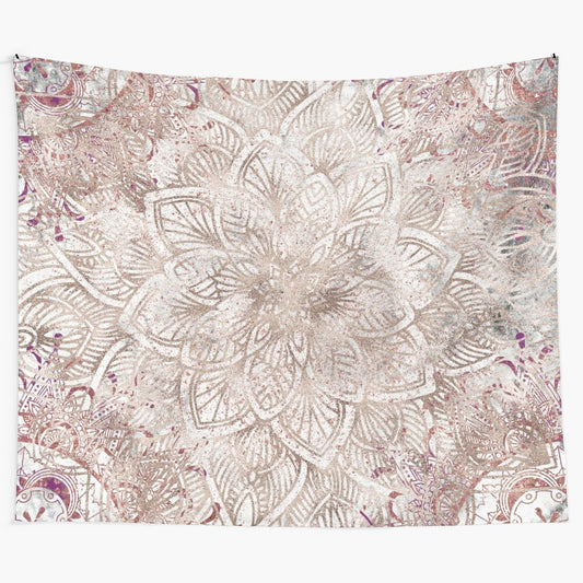 Luxurious floral mandala tapestry with shimmering ornaments in neutral and ruby red tones