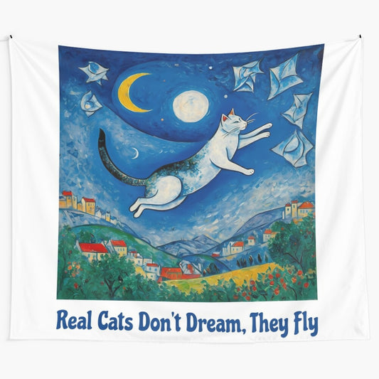 Surreal tapestry depicting a cat flying through a whimsical, cosmic night sky