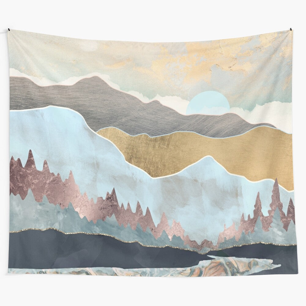 Enchanting winter landscape tapestry with mountains, trees, and a reflective river