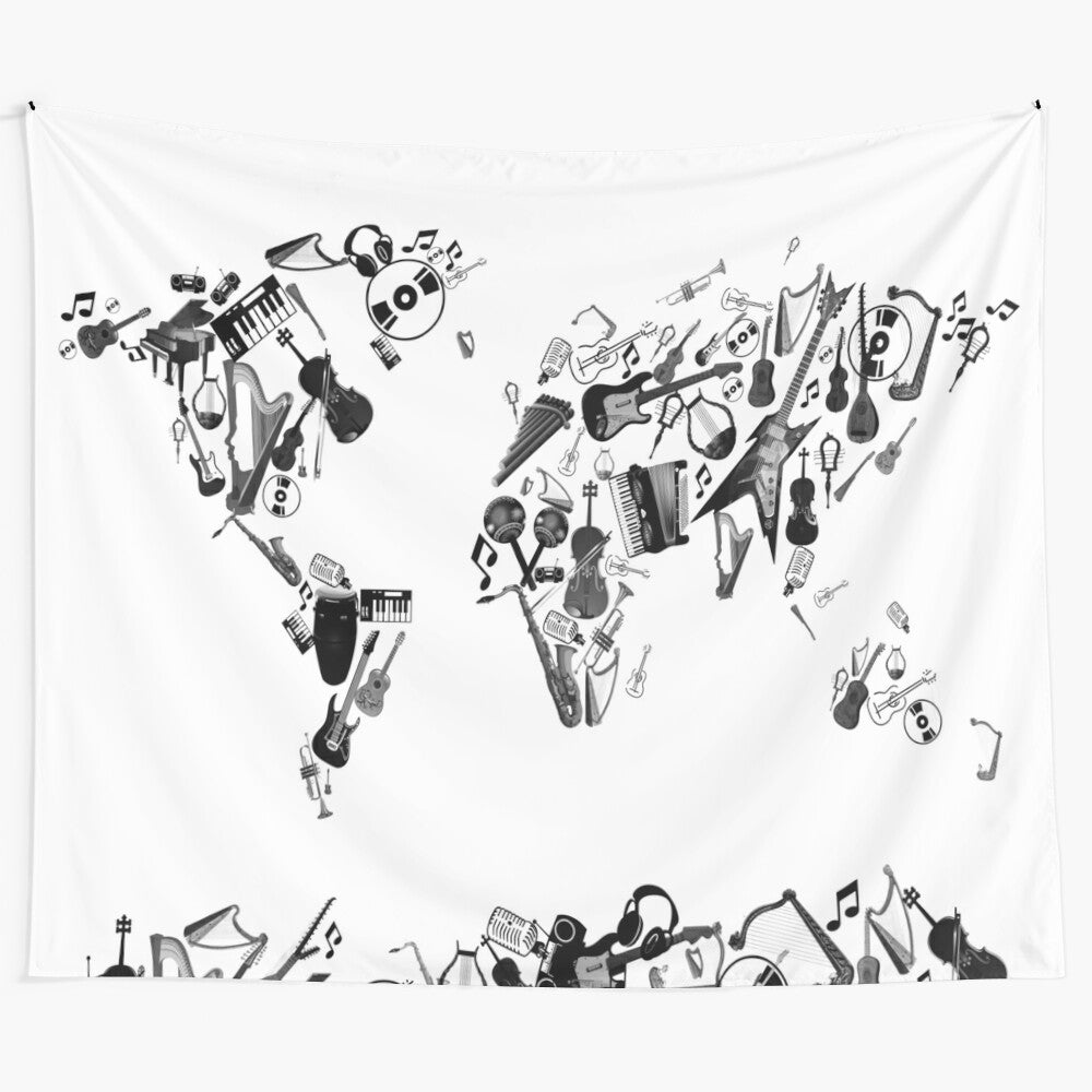 Artful world map tapestry with vintage music elements