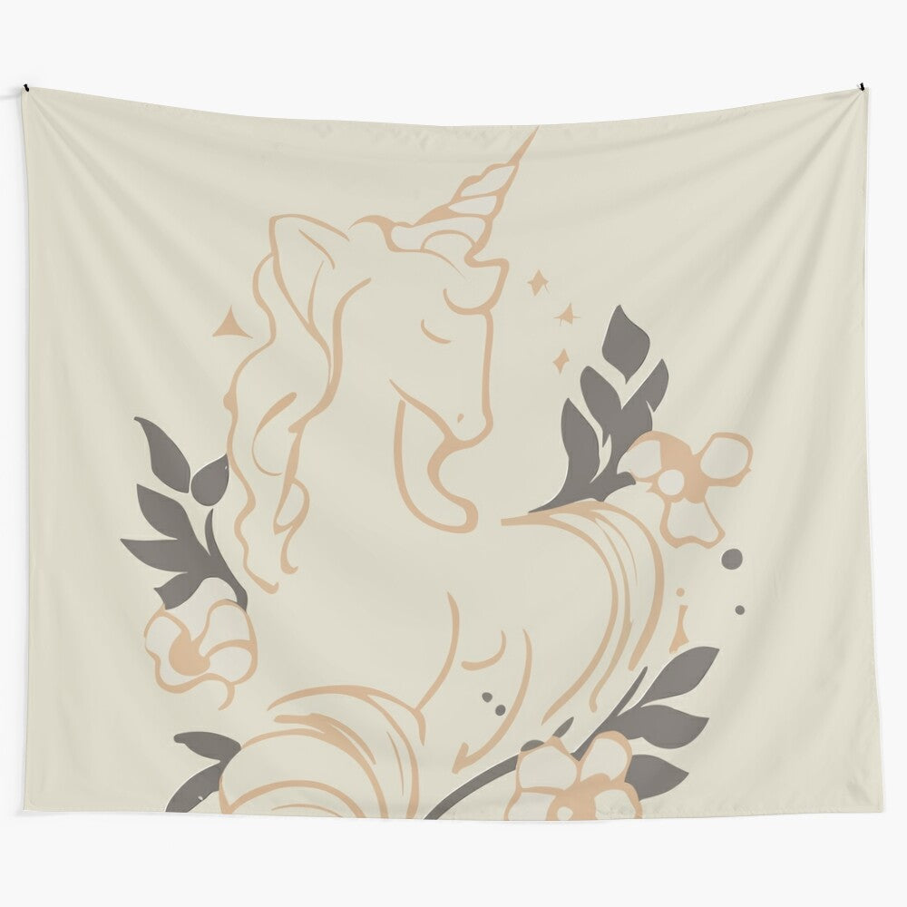 Delicate pastel unicorn illustration in a whimsical, fantasy-inspired wall tapestry