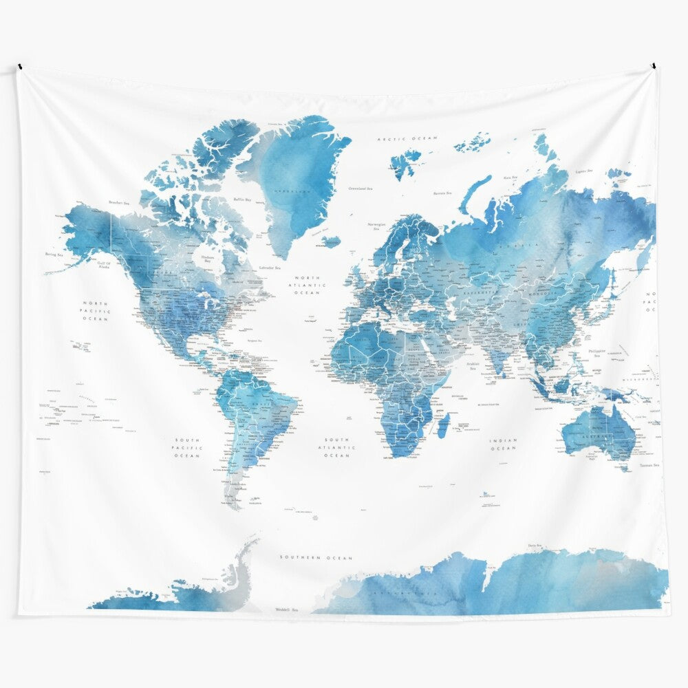 Watercolor world map with US state capitals wall tapestry