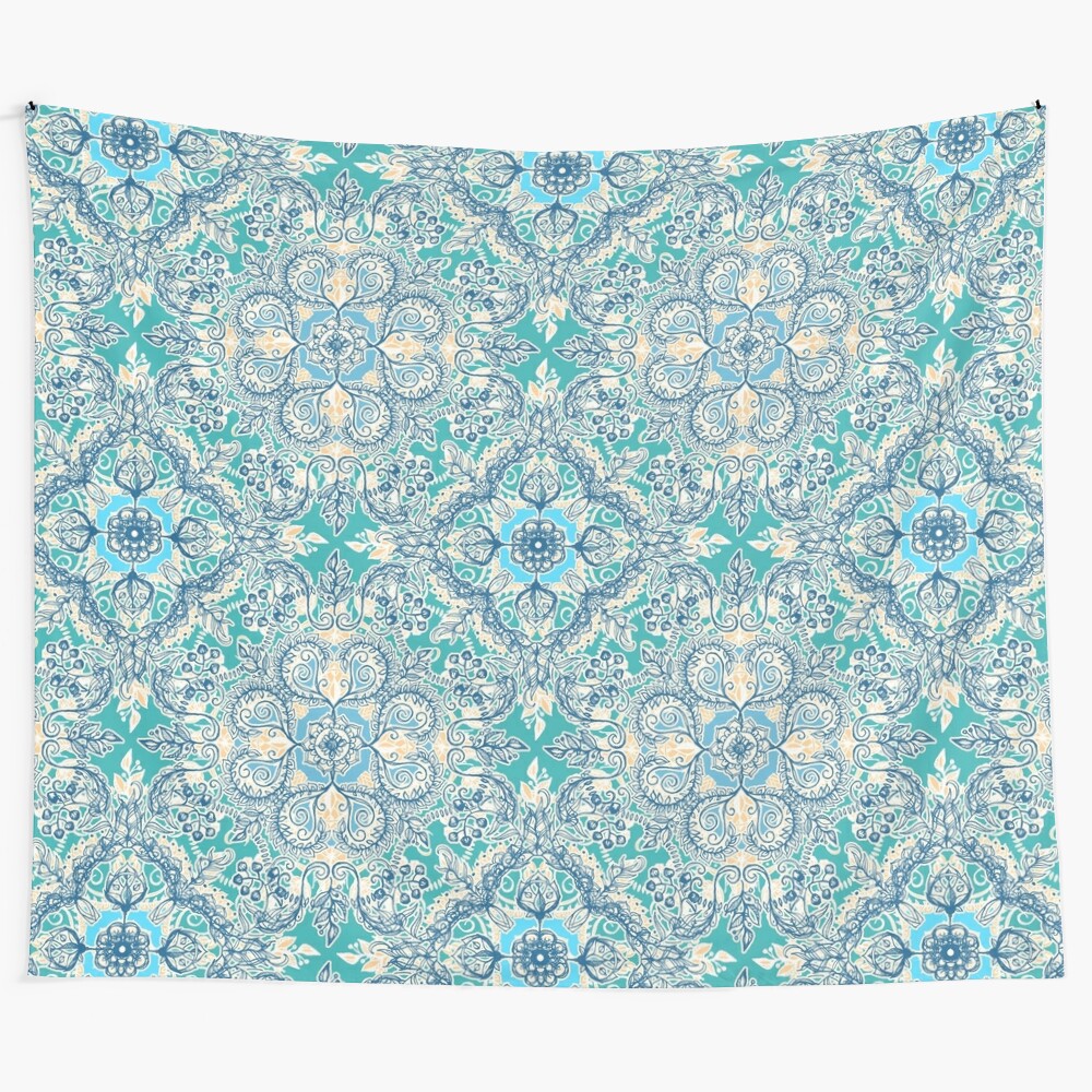 Gypsy-inspired floral tapestry in teal, blue, and cream colors