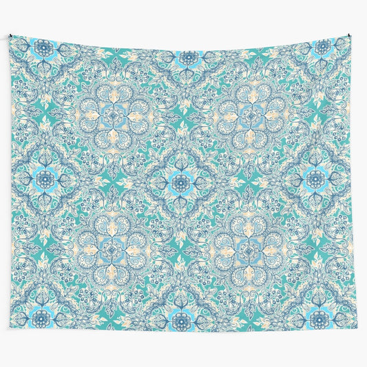 Gypsy-inspired floral tapestry in teal, blue, and cream colors