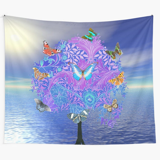 Colorful butterfly tree tapestry with abstract floral and nature design