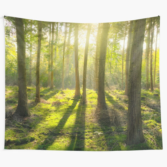 Vibrant tapestry featuring a scenic forest landscape with mountains, sunshine, and lush greenery