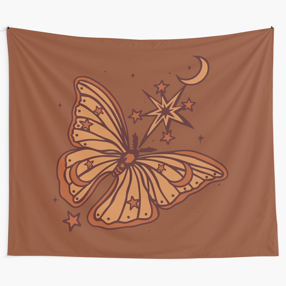 Bohemian tapestry featuring a butterfly design against a starry, celestial background