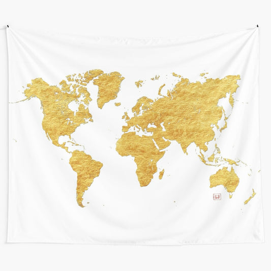 Vintage-inspired gold world map tapestry with a grunge, antique style design