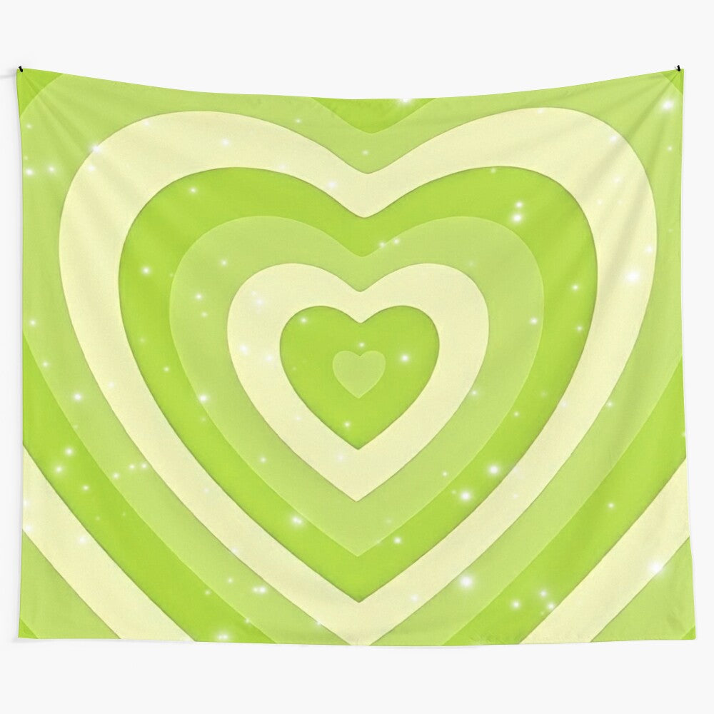 Aesthetic green hearts tapestry with pastel and Y2K design