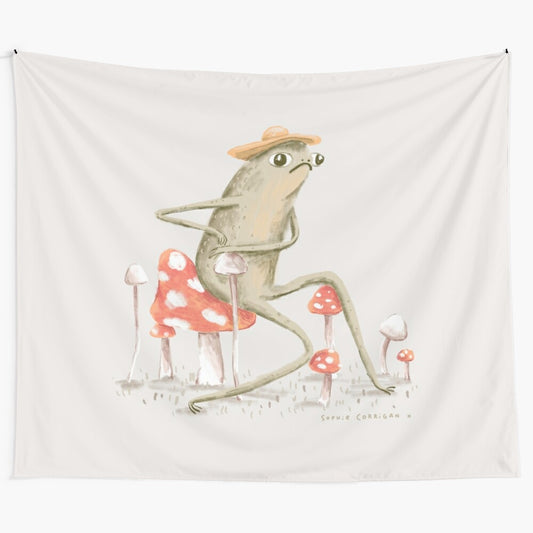 Whimsical toad tapestry with a funny frog and toadstool mushroom in a nature scene