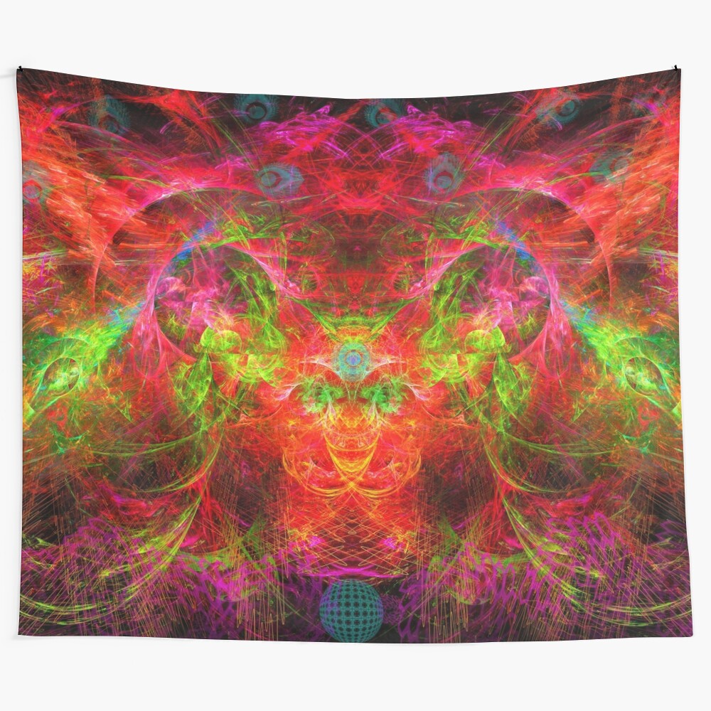 Vibrant abstract tapestry featuring a shaman's face in a psychedelic, trippy style