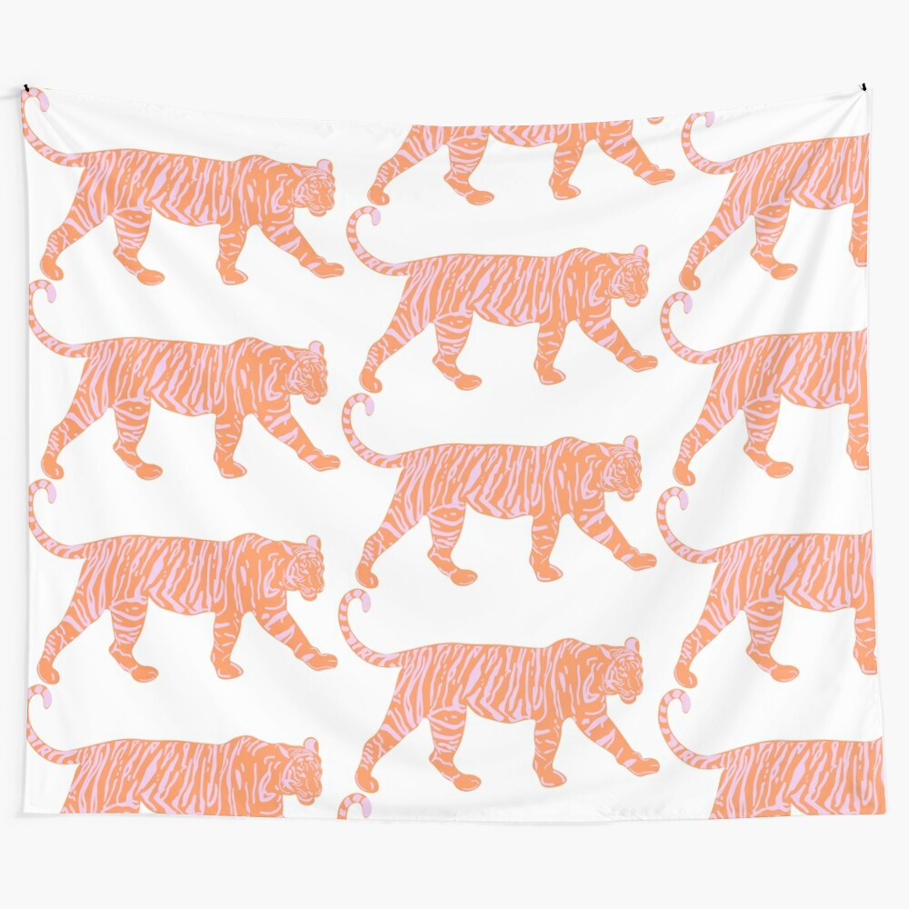 Striking orange and pink tiger tapestry with artistic design