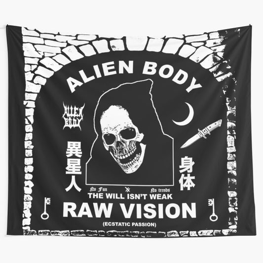 Raw vision tapestry featuring surreal, psychedelic artwork