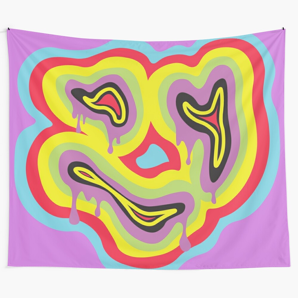 Colorful and abstract silly face tapestry with a trippy, melting design