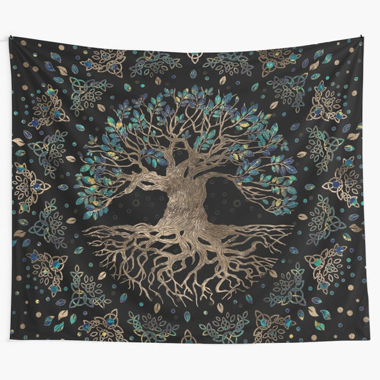 Golden and marble tree of life tapestry with Yggdrasil design