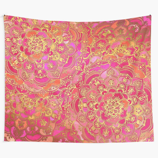 Hot pink and gold baroque floral pattern tapestry