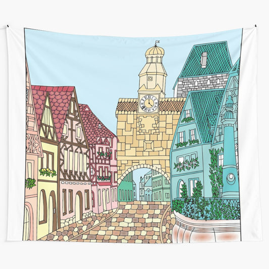 Tapestry wall hanging featuring scenic landscapes and places