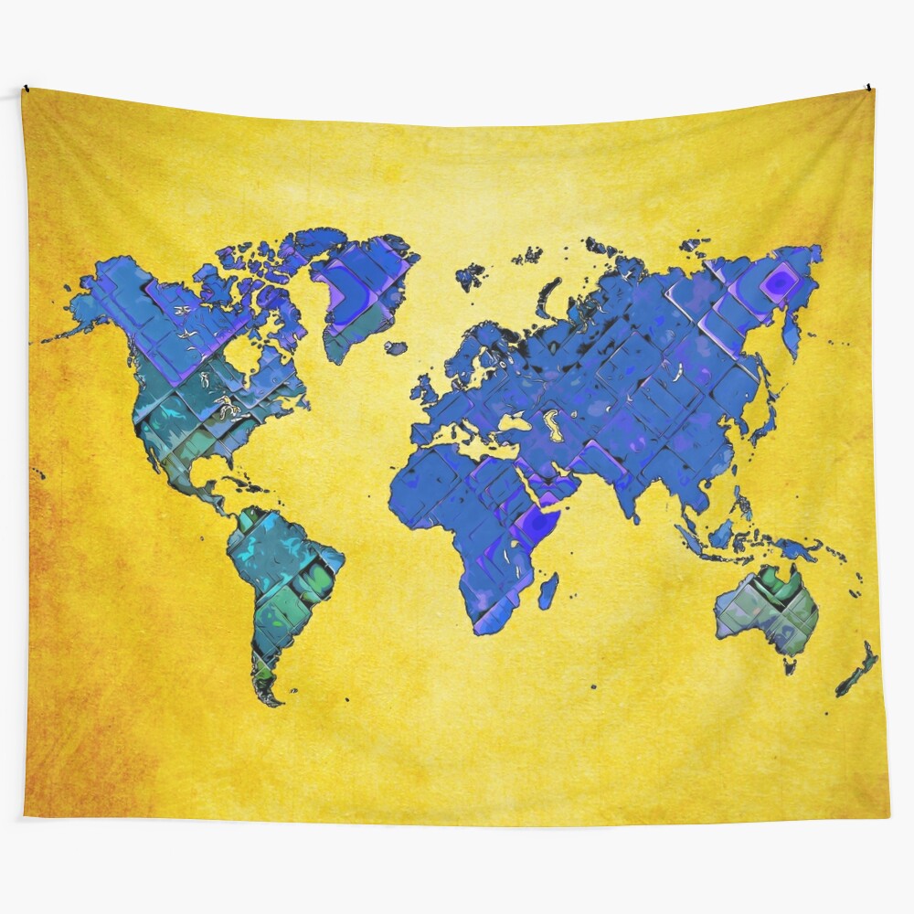 Vibrant blue watercolor world map wall art