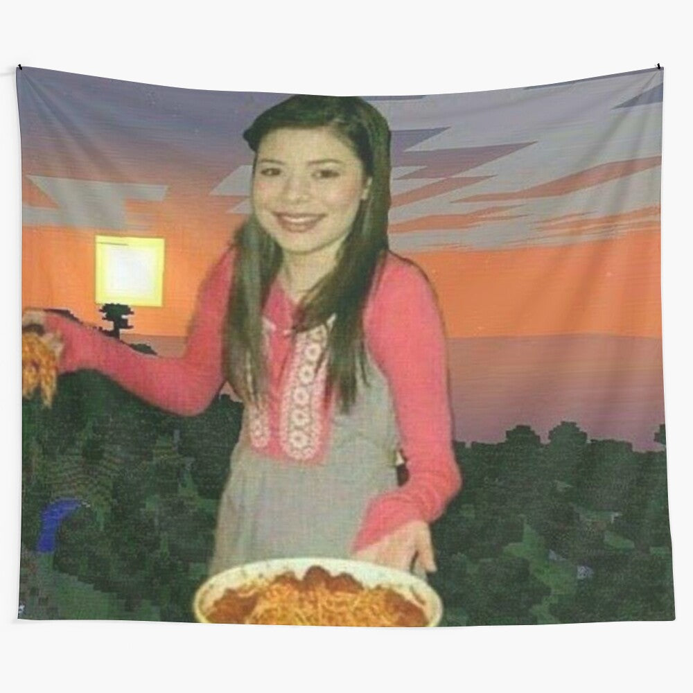 iCarly and Minecraft themed tapestry with funny, trippy design