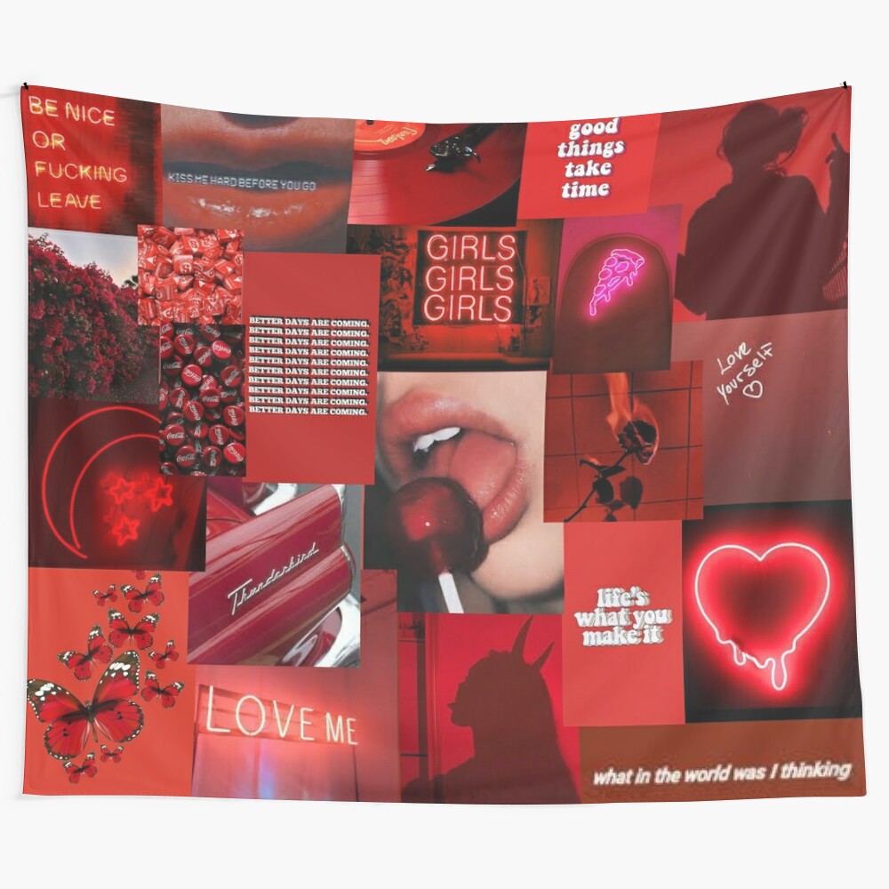 Vibrant red aesthetic collage wall tapestry featuring various elements like hearts, roses, butterflies, and more