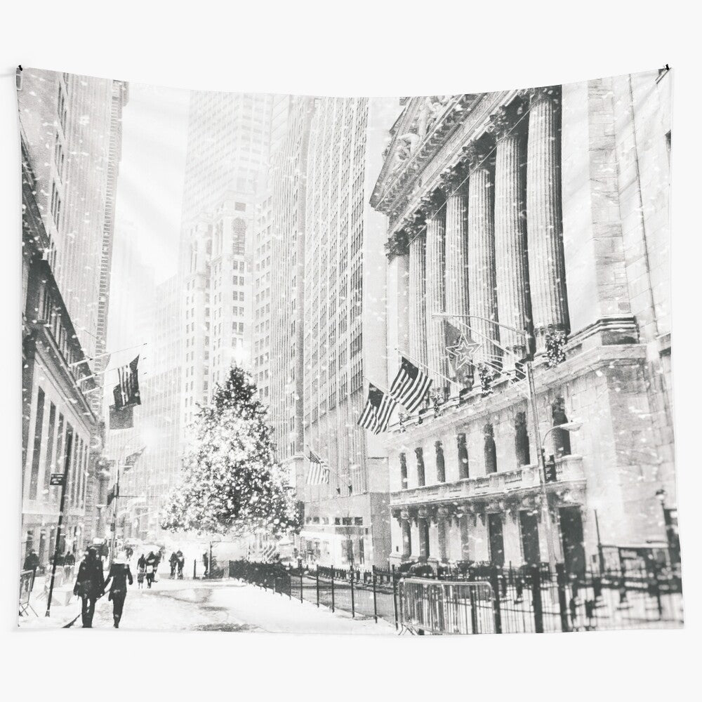 Black and white tapestry depicting the iconic cityscape of New York City during the Christmas season