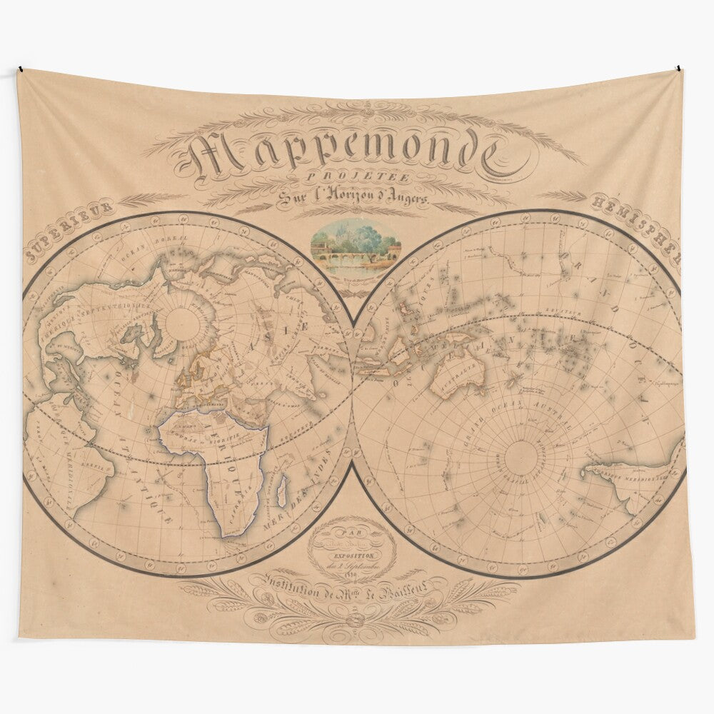 Vintage-inspired world map tapestry featuring historical cartography