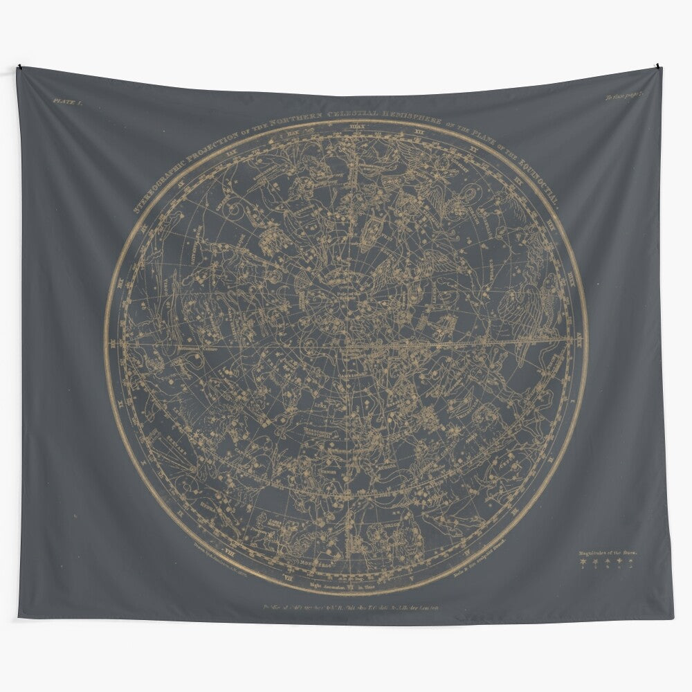 Vintage black and amber tapestry depicting constellations of the northern night sky