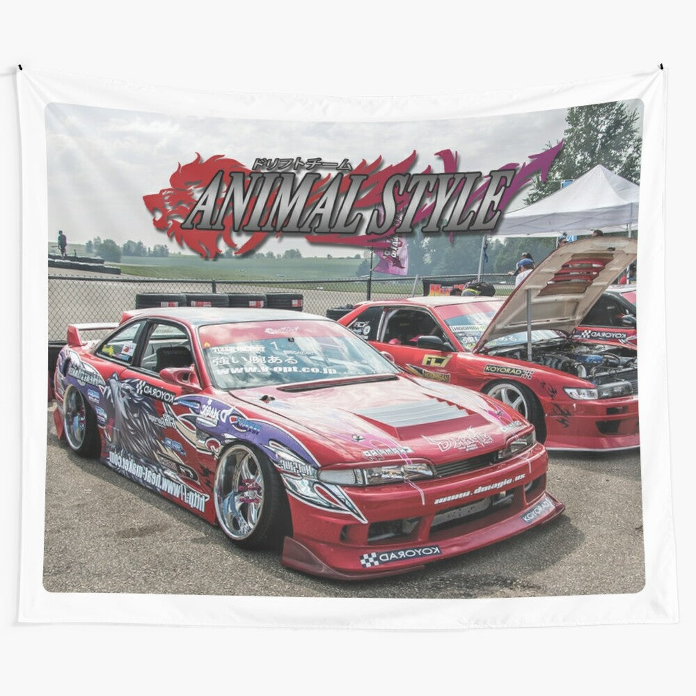 Drift car enthusiast tapestry featuring popular drift cars like the Nissan Silvia S14