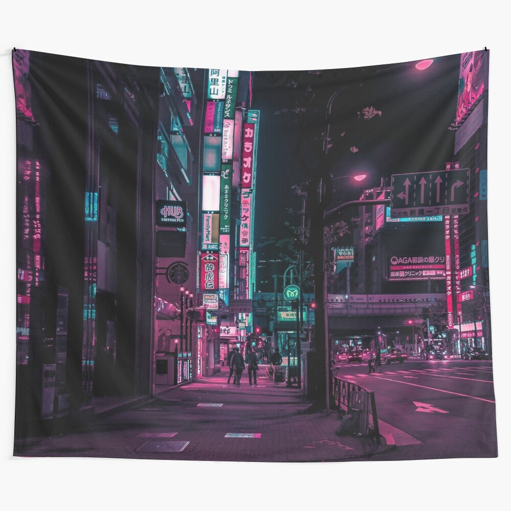 Vibrant cyberpunk-inspired tapestry depicting a futuristic Japanese alley with neon lights and street shopping