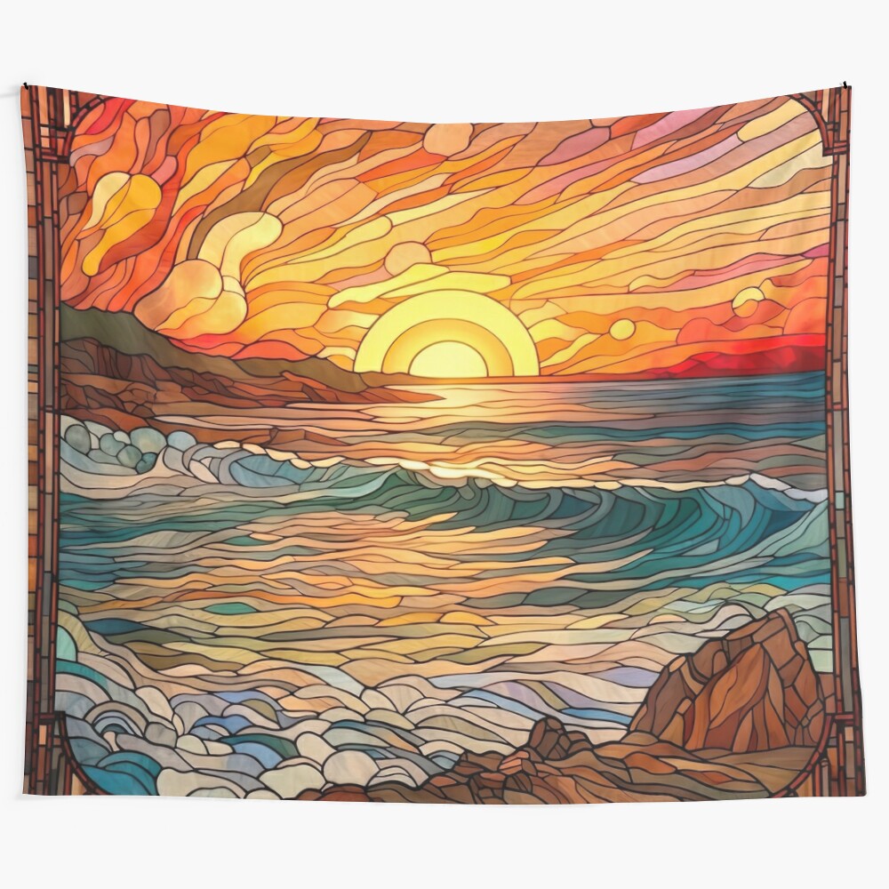 Stained glass beach scene and sunset tapestry for coastal home decor