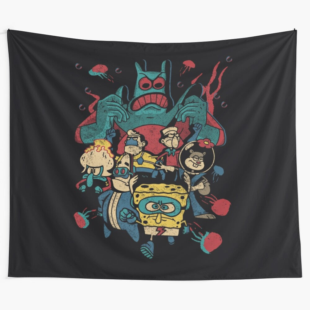 Vibrant Spongebob SquarePants retro superhero group tapestry