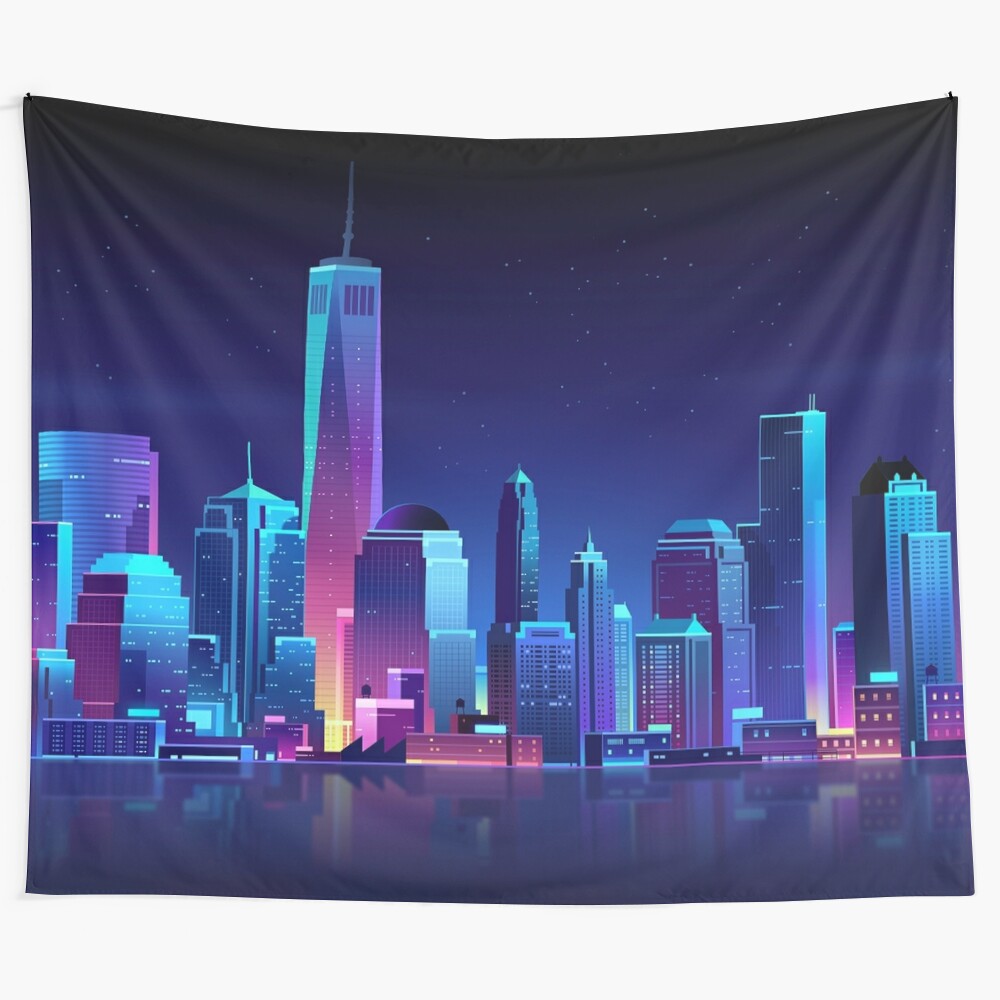 Neon city tapestry with vibrant urban landscape and architectural elements